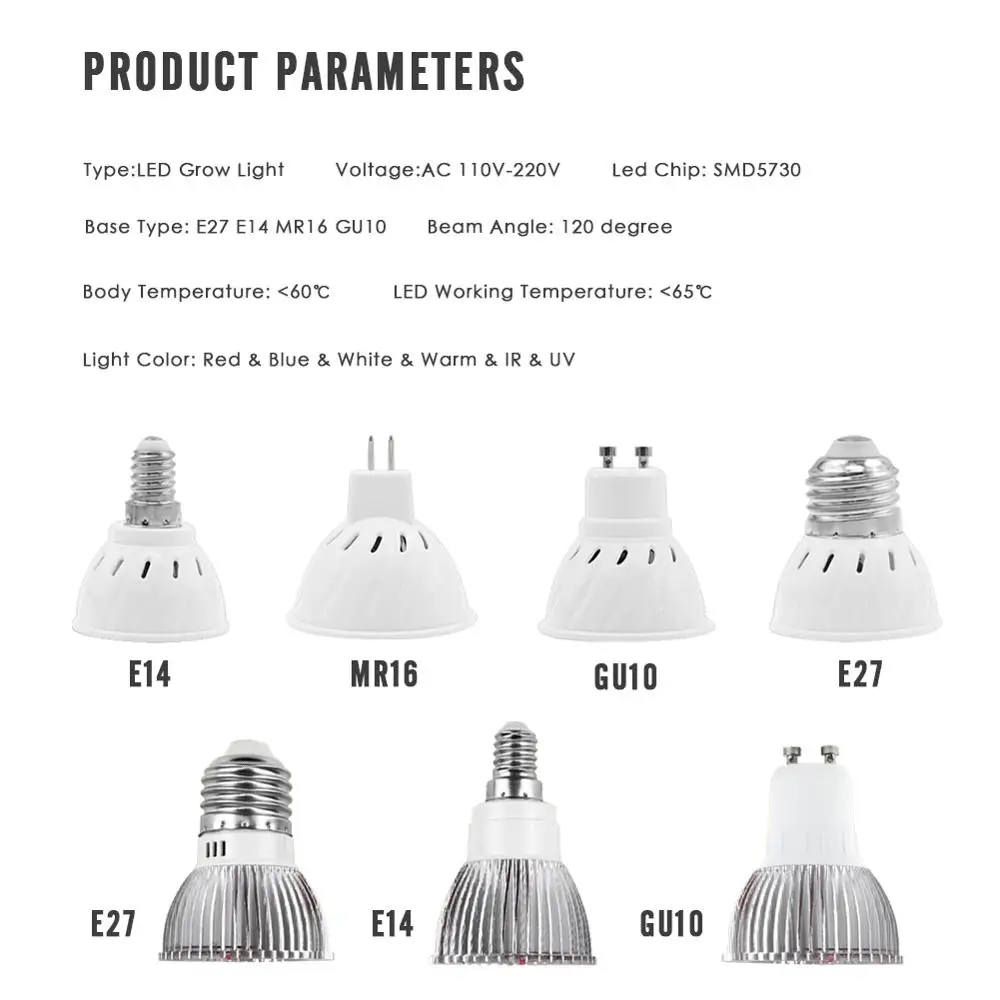 Full Spectrum CFL LED Grow Light Lampada E27 E14 MR16 GU10 IR UV Indoor Plant Lamp Flowering Hydroponics System Garden 110V 220V