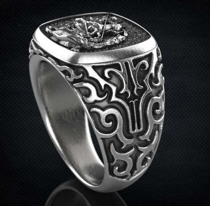 2023 New Trend Dragon Slaying Hero Saint George Rings European American Mythical Thai Silver Retro Stainless Steel Men's Ring