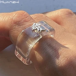 HUANZHI 2021 Geometric Transparent Square Acrylic Ring Punk Letter Love Chinese Character Ring for Women Girls Jewelry