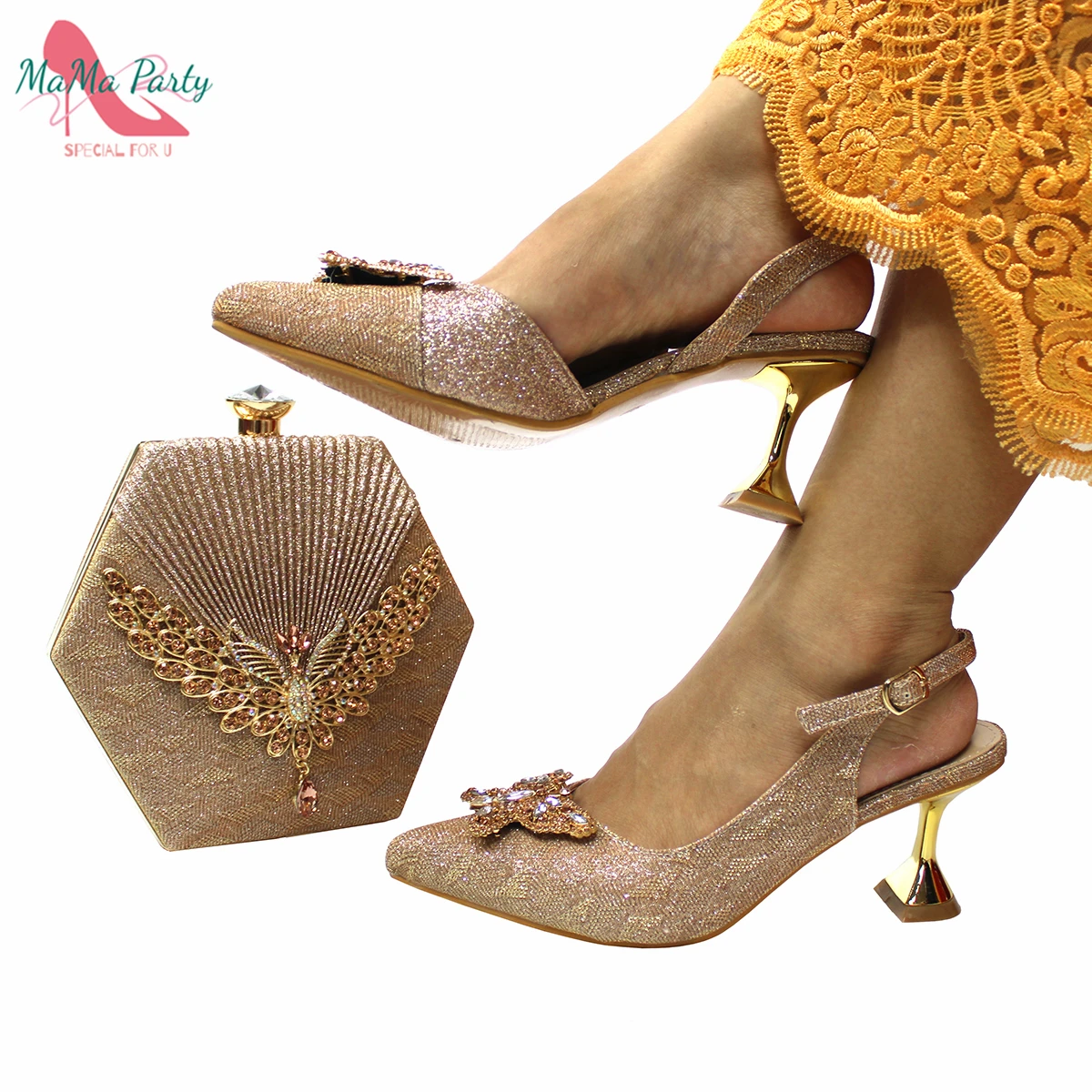 

Latest Popular INS HOT Sale 8 CM Comfortable Heels in Champagne Color Italian Design African Women Shoes and Bag Set for Dress