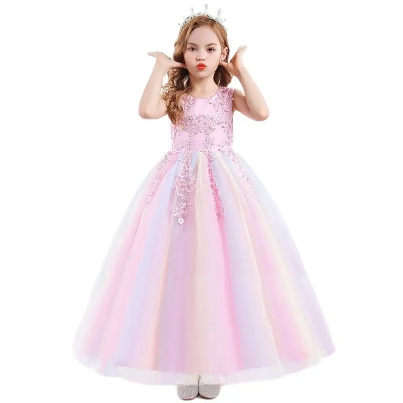 4-14 year old girl\'s party dress sleeveless mesh embroidery Festival Party communion Party Princess Dress Sequin long dress
