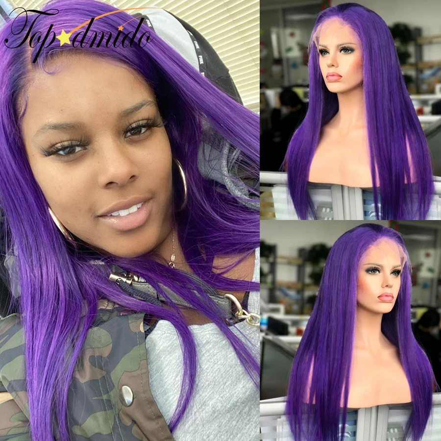 Topodmido 13x4 Lace Front Wig with Baby Hair Green Color Brazilian Straight Remy Hair Wig Purple Color Human Hair Wigs for Women