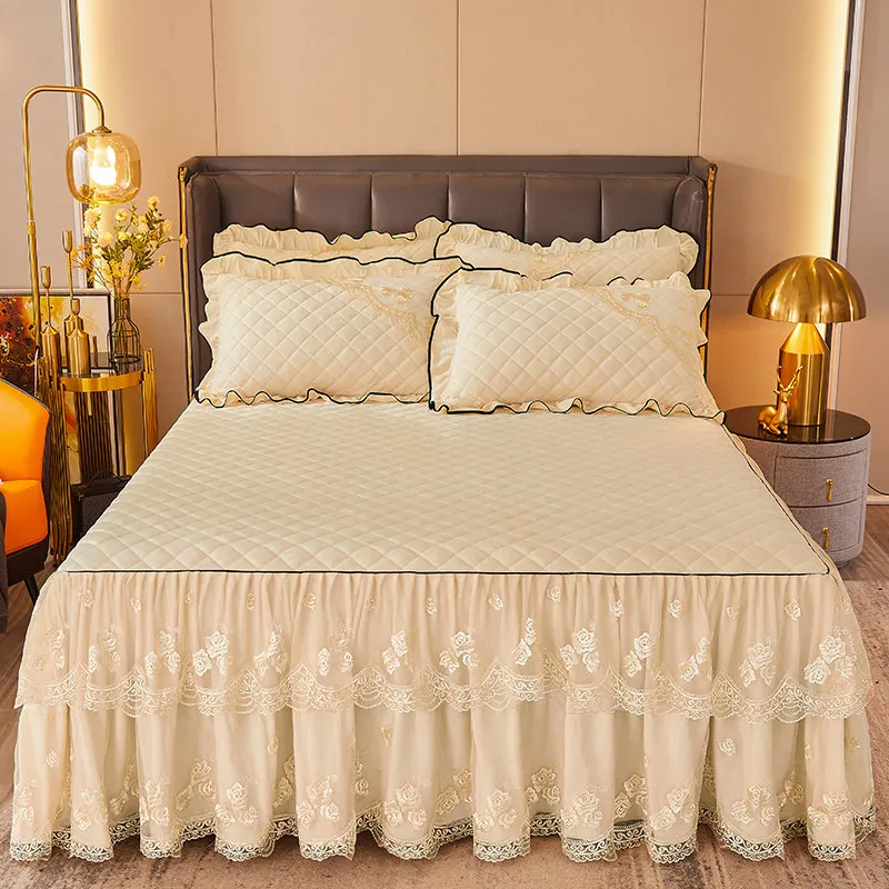 French Bedspread for Queen and King Size, Quilted Velvet, Lace Ruffles Bedskirt, Chic Double Bedsheet, Soft and Thick, 3pcs