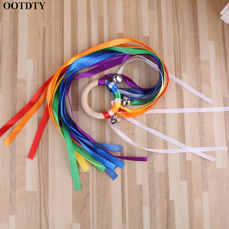 OOTDTY BPA Free Rainbow Natural Wooden Ribbon Newborn Sensory Bell Toy Non-toxic Shower Gifts Dancing Prop