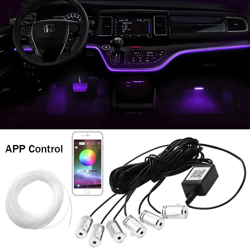 

6 in 1 RGB LED Atmosphere Car Interior Ambient Light Kit Fiber Optic Strips Light By App Control DIY Music 6M Fiber Optic Band