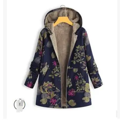 1pcs/lot Women Winter Warm Floral Hooded Jacket Flower Print Hoody Vintage fleece print coat