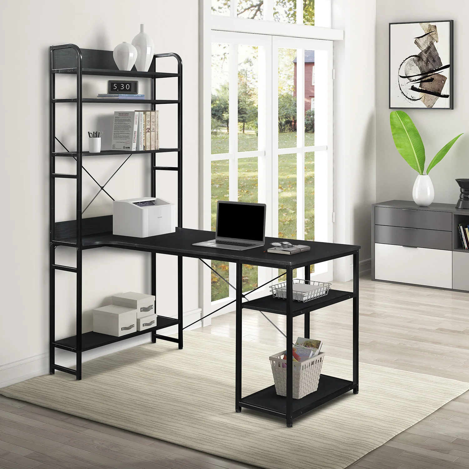 Home Office Computer Desk PC Laptop Study Table Metal Frame & MDF Board with 5 Tier Open Bookshelf Plenty Storage Space 3-Color