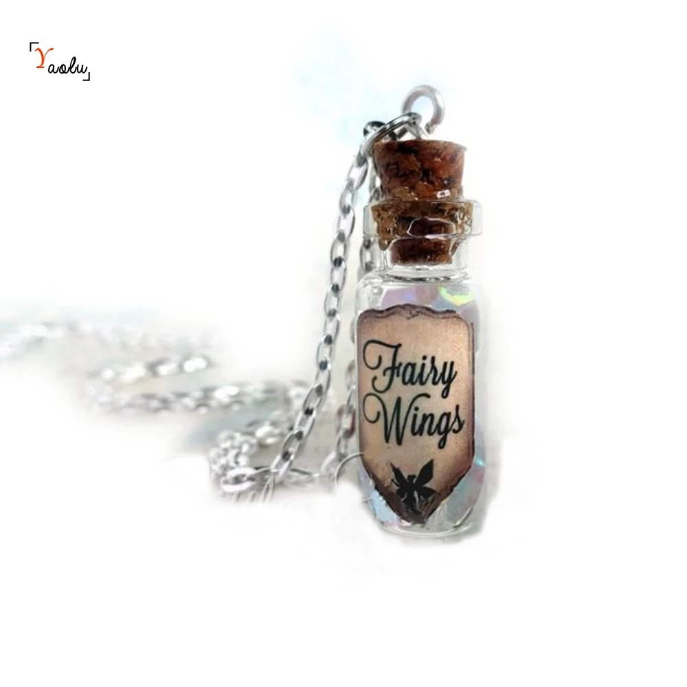 Magical Rainbow Fairy Wings Glass Bottle Cork Necklace Once Upon a Time Jewelry Potion Vial Charm