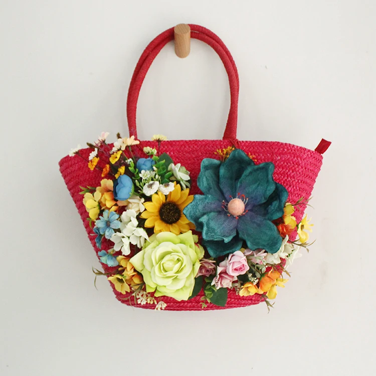 Colorful Artificial Flower Straw Beach Bag High-end Customized Women Fashion Wave Rattan Summer Holiday Lady Tote Hat Suit Red