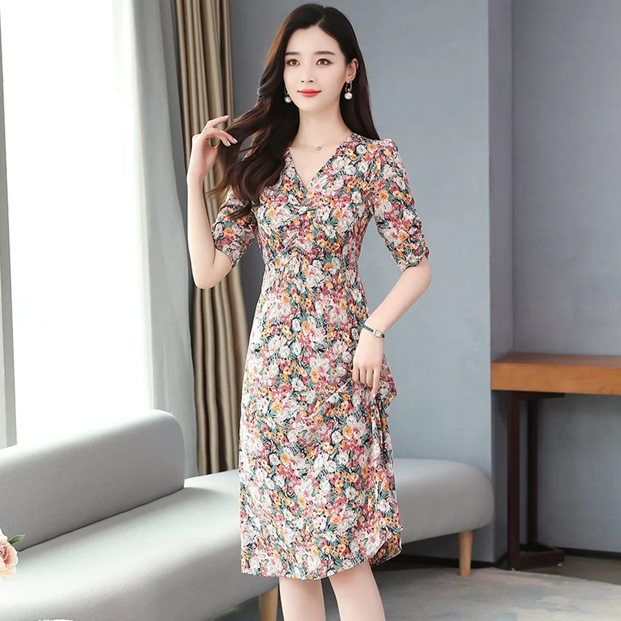 2022 Voan Cao Cấp Tranh Áo Mùa Hè Vintage Sang Trọng In Midi Sundress Nữ Thanh Lịch Bodycon Dự Tiệc Tối Vestidos