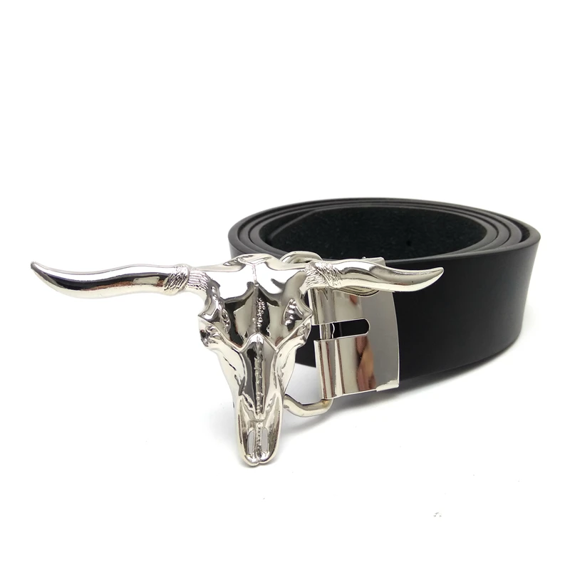 Male Accessories Cowboy Belts for Men Silver Longhorn Cow Head Skull Belt Buckle Black PU Leather Belt Men