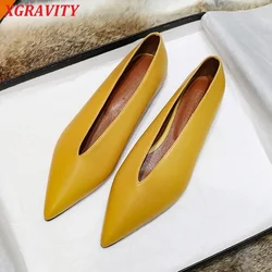 New Branded Pure Yellow Vintage Evening Shoes Ladies Fashion Brand Pointed Toe V Cut Woman Shoes Flat Shoes Female Flats C372