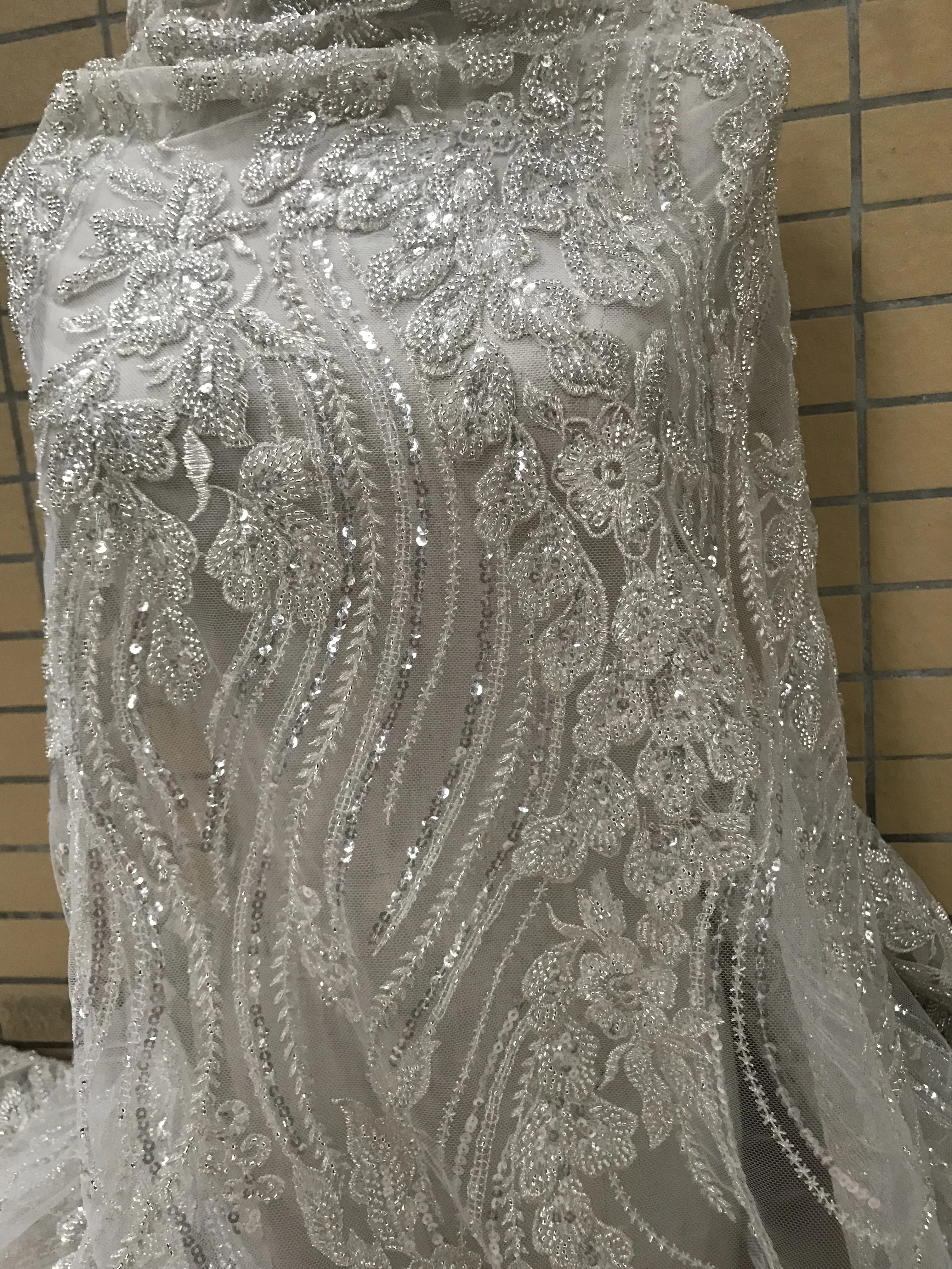 

heavy beaded embroidered net lace fabric african tulle lace SYJ-32687 with beads for wedding dress