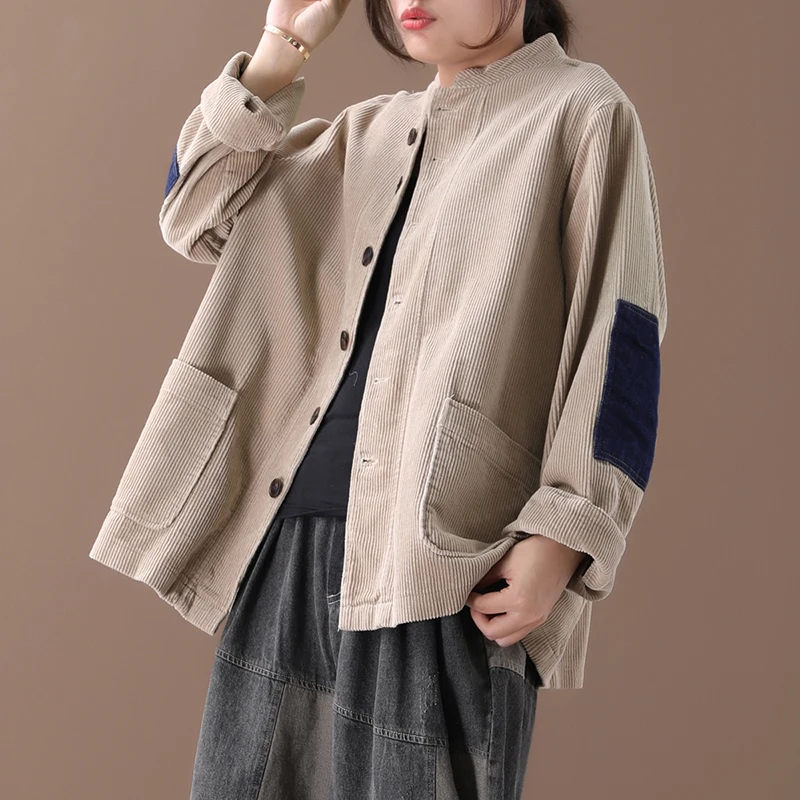 Female new autumn and spring Korean style plus size literary color matching patch single-breasted corduroy loose short jacket