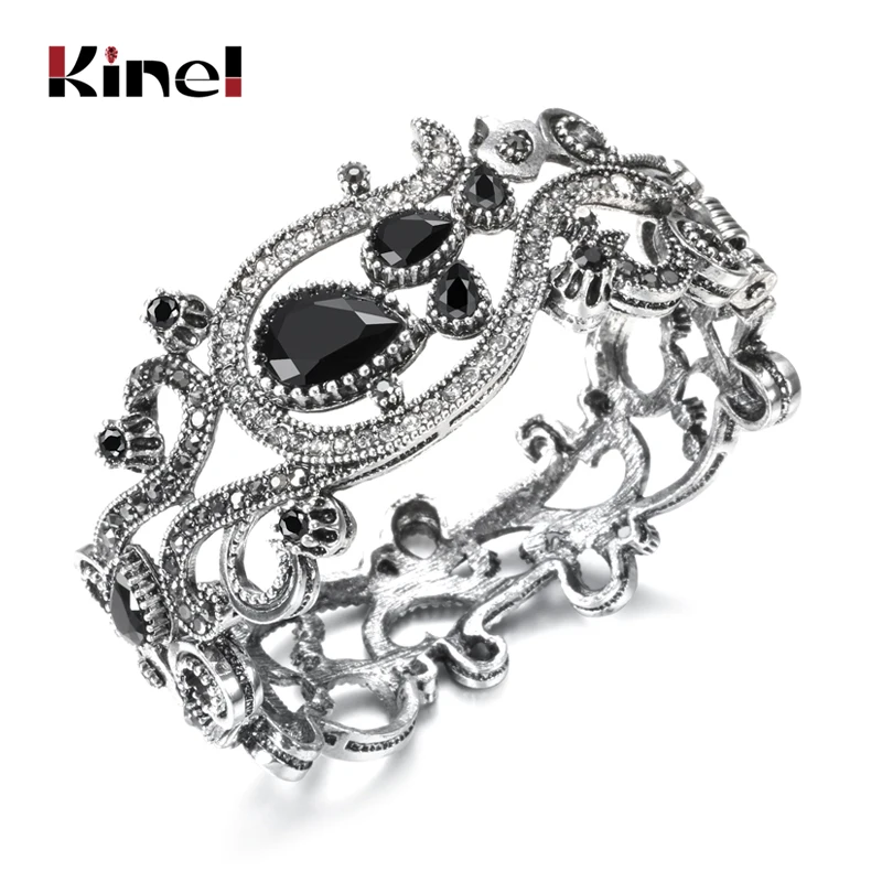 Kinel 2020 Hot Black Stone Bangle Cuff Bracelet for Women Antique Gold Color Arabic Ethnic Bride Wedding Jewelry Banquet Gift