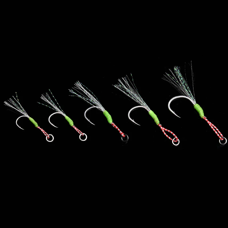 Allblue 6 Stks/partij Metalen Jig Lichtgevende Assist Haak Met Pe Lijn Veer Effen Ring Jigging Lepel Vishaak Voor 10-80G Vissen Lokken