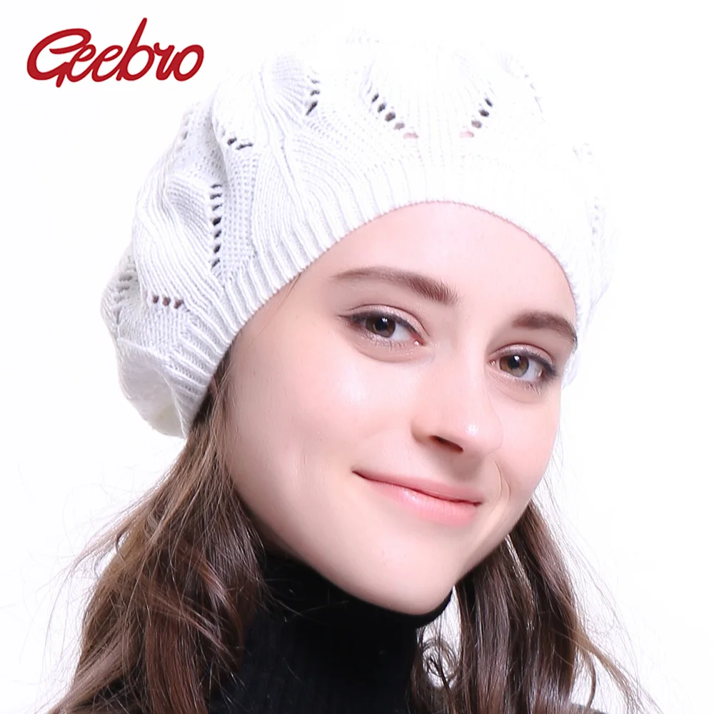 Geebro Women\'s Plain Color Knitted Soft Berets Spring New Casual Soft Acrylic Hats Ladies French Artist Fashion Beanies Caps