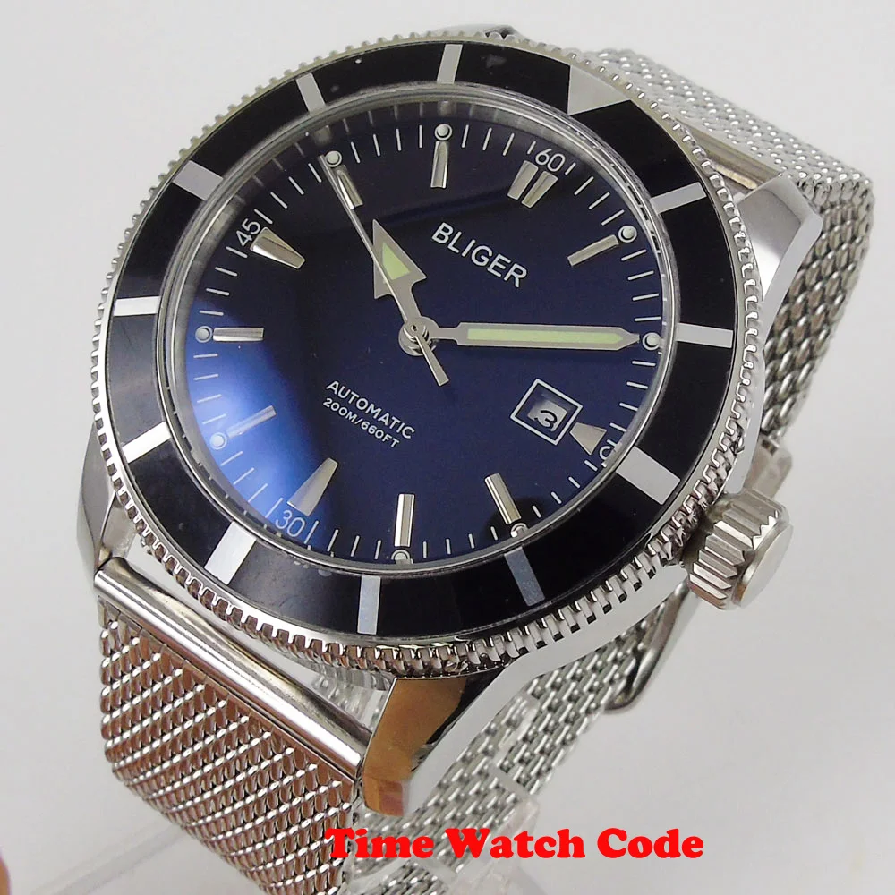 

46mm Men's Watch Automatic Wristwatch Auto Date Alloy Bezel Insert Miyota8215 Mingzhu2813 Movement Mesh Band Big Face