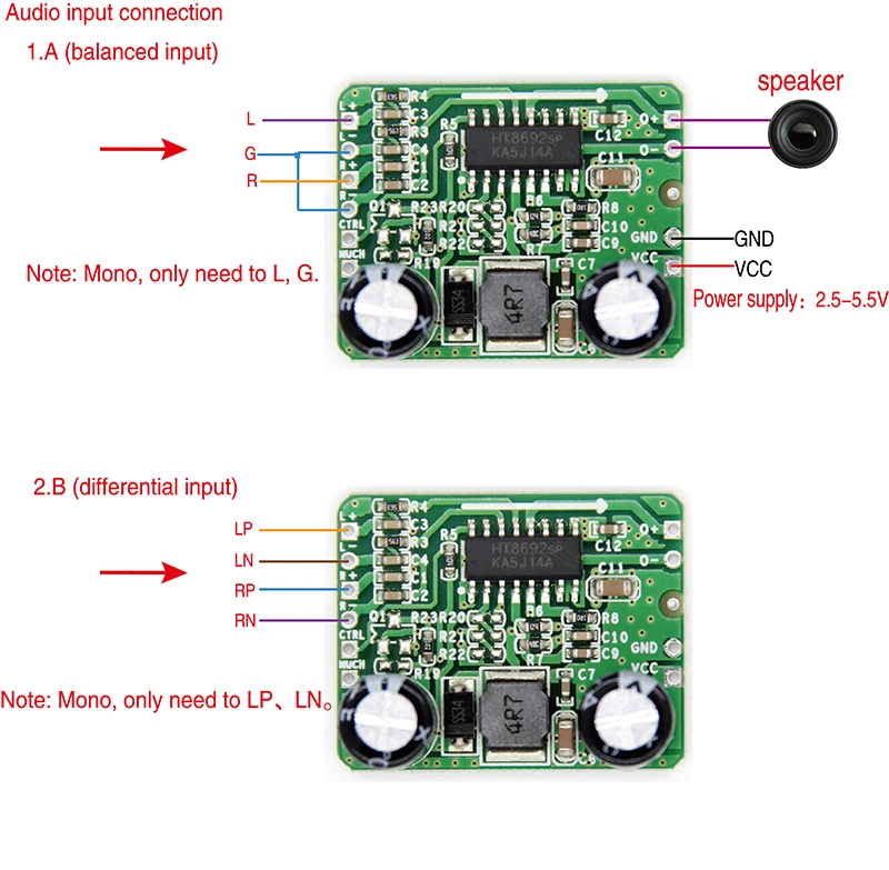 Digital power amplifier board AB/D class 8W mono HT8692 differential input 2.5-5.5V boost adjustable