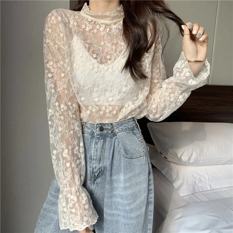 T-shirts Women Floral Mesh Summer Sexy Sheer Tops Trendy Sweet Korean Style Lace Streetwear Female College Retro Soft Hot Sale