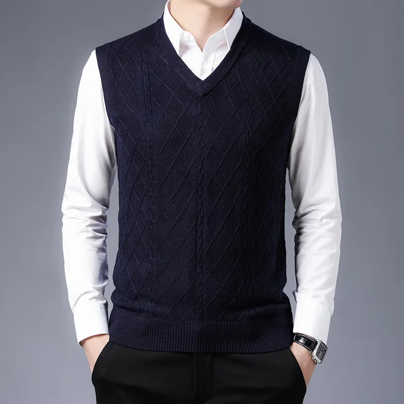 

2023 Autumn and Winter New Men's Wool Vest Business Casual Geometry V-neck Sleeveless Knit Sweater Vest Male Brand Clothes