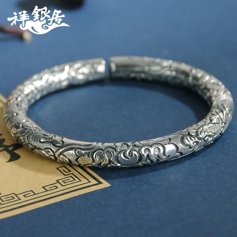 ★S999 old nine big longfeng women's silver mouth full circle of carve patterns or designs on woodwork silver bracelet