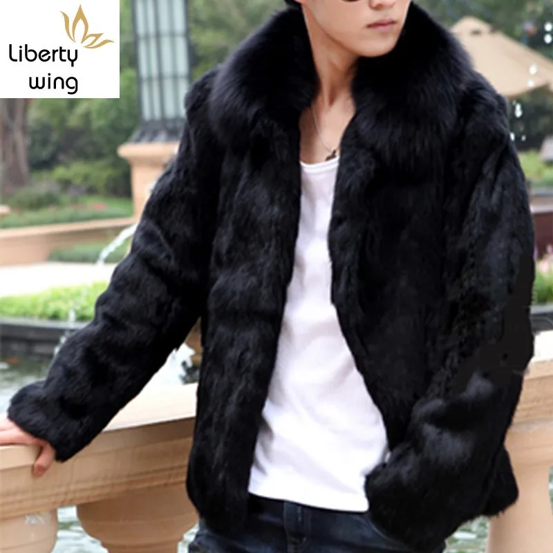 Men Rabbit Short Coat Fox Fur Collar Shearling 2020 Slim Business Jacket Top Brand Long Sleeve Zip Winter Black Outwear 4XL