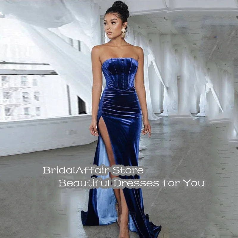 BridalAffair Simple Blue Velvet Evening Dress Mermaid Sexy High Split Prom Party Gowns Plus Size Formal Women Dresses 2024