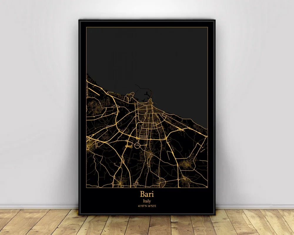 

Bari Italy Black&Gold City Light Maps Custom World City Map Posters Canvas Prints Nordic Style Wall Art Home Decor