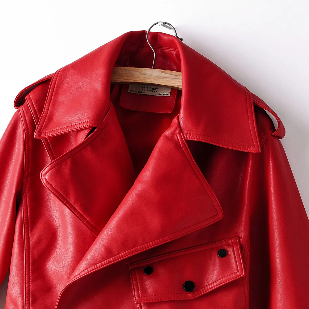 Chaqueta de motorista de cuero de imitación con Bolsillo grande para mujer, abrigo ajustado en rojo y negro, informal, de marca, a la moda