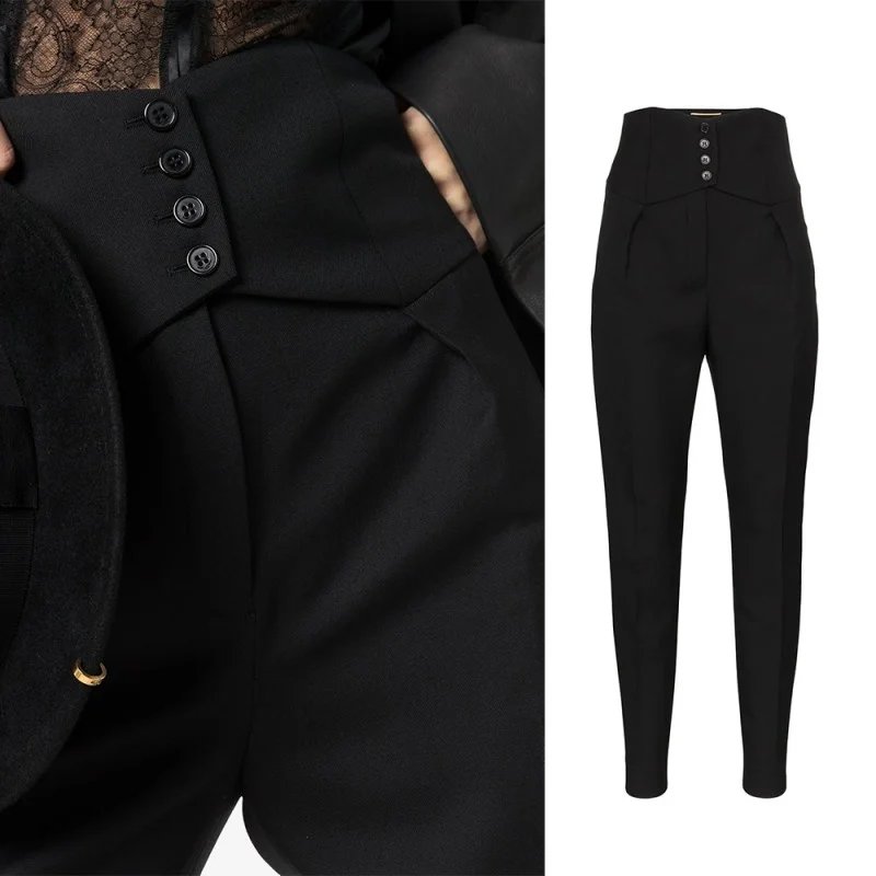 

Lady Elegant High Waist Ankle Length Suit Pants Streetwear Buttons Slim Black Pants Fashion Pockets Pencil Pants Female S-L