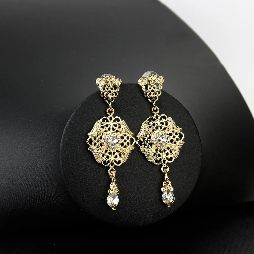 Luxury Moroccan Long Crystal Drop Earring for Women Ethnic Wedding Bridal Jewelry Middle East Golden Bijoux Gift