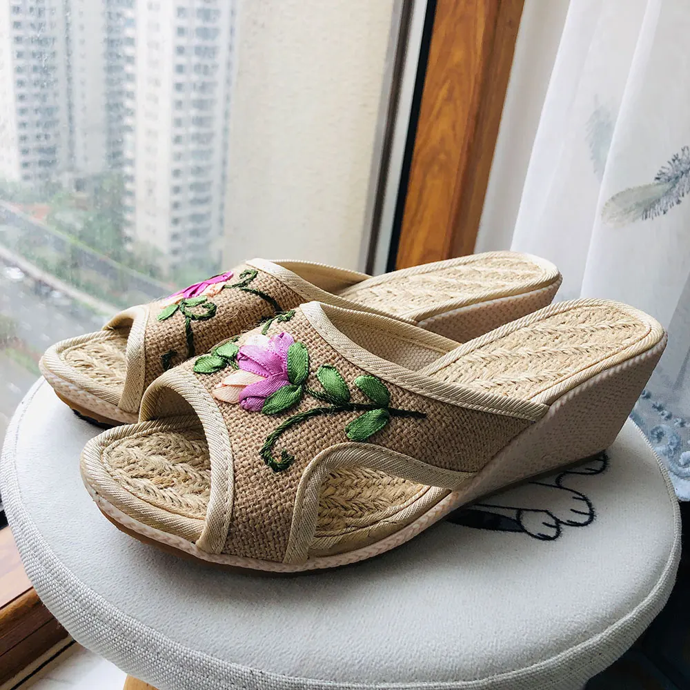 Veowalk 3D Flower Embroidered Handmade Women Linen Wedge Espadrilles Slippers Summer Ladies Comfortable High Heel Slide Shoe