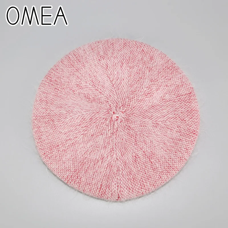 OMEA Angora Rabbit Hair Hat Winter Knitted Women Berets Hat Solid Color French Hat Berets Caps for Women Warm Beanie Beret 2019