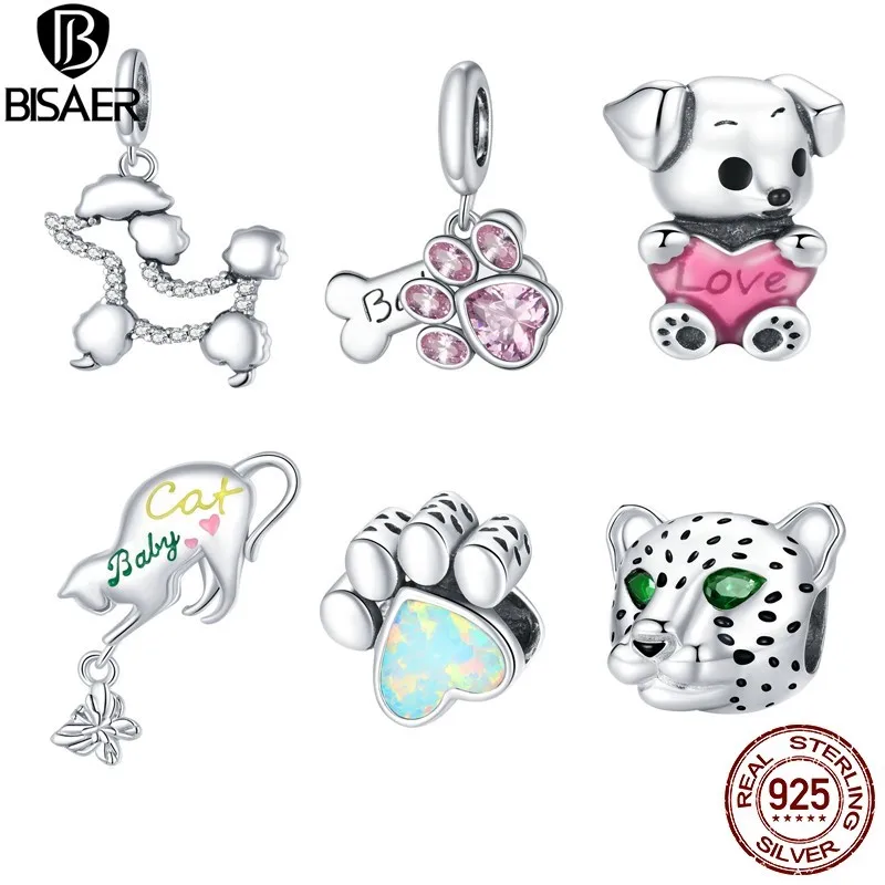 

BISAER Cute Puppy Paw Beads 925 Sterling Silver Cat Animal Charms Pendant Fit DIY Bracelet Necklace Jewelry ECC1676