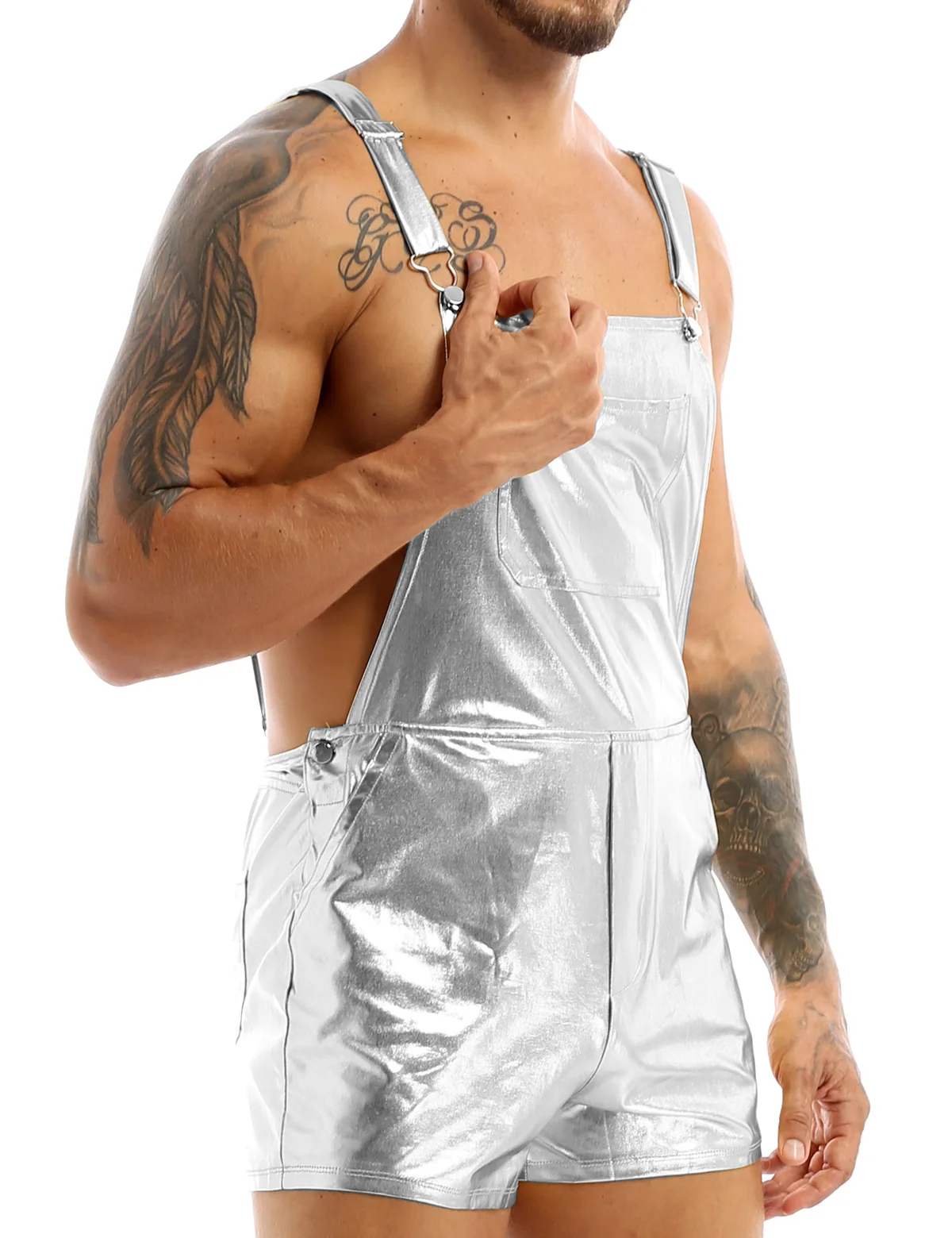 Mens Bib Overall Suspender Shorts Male Shiny Metallic Shoulder Straps Moto Suspender Shorts Hot Pants Rave Clubwear Costumes