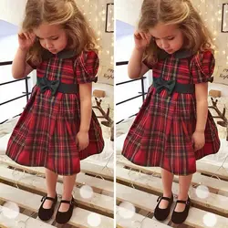 Baby Girls Cute Christmas Dress Double Bow Plaid Party Dresses For Girls Toddler Kids Princess Short Sleeve Girls Vestido