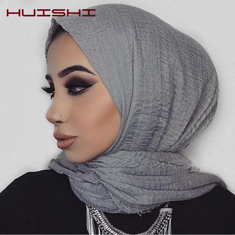 HUISHI Muslim Scarf Women Hijab Bubble Cotton Solid Islam Muslim Head Scarf 70*180cm Women Shawls and Wraps Crinkle Hijab