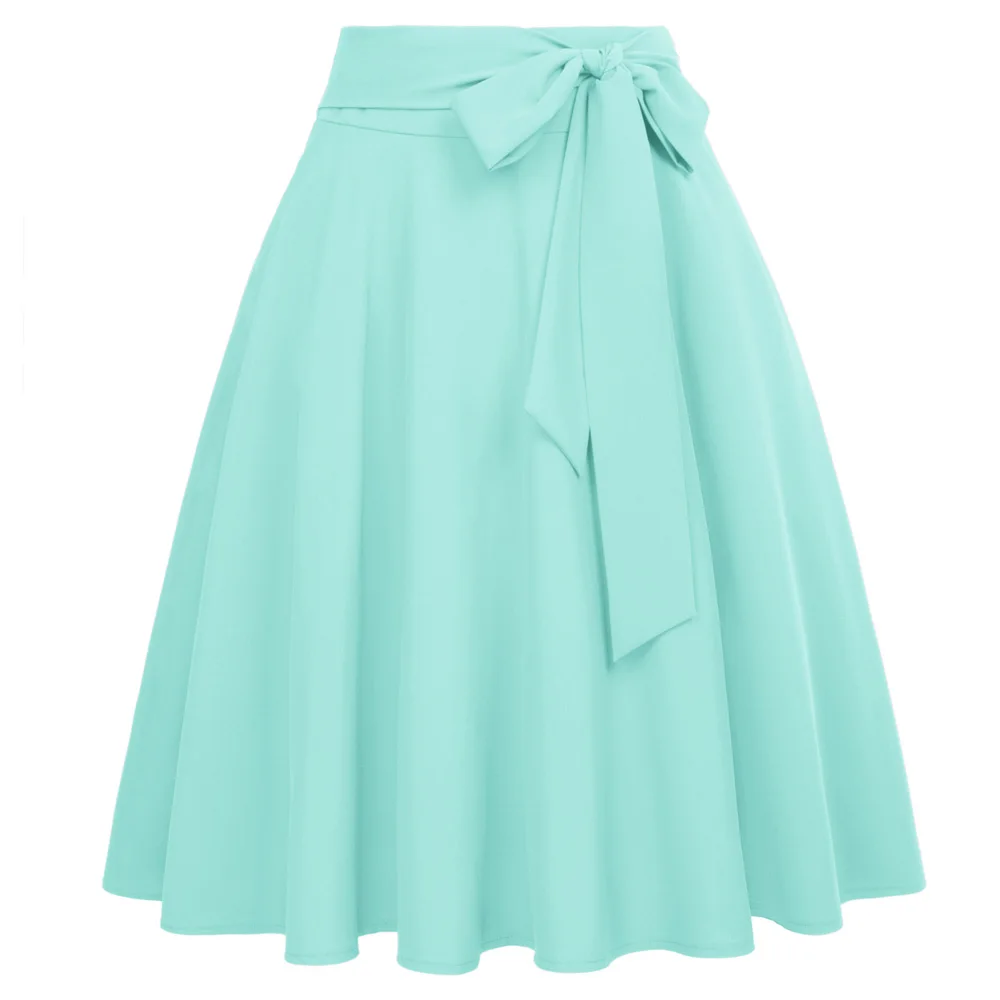 Womens Solid High Waist Tied Front Pleated Short Midi A-Line Skirt Black