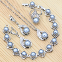 Pearl Jewelry 925 Silver Jewelry Set for Women's Party Pearl Earrings Pendant Chain Bracelet Ring Inlaid with Crystals