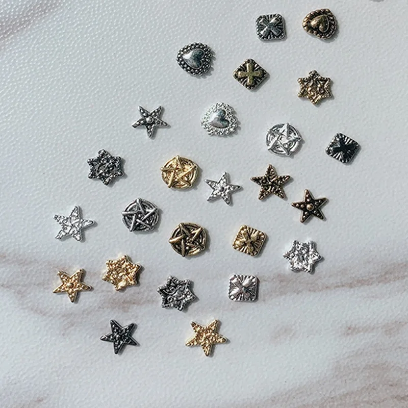 50Pcs New Nail Art Decoration Metal Five-pointed Star Cross Retro Punk Baroque Style Nail 3D Metal Jewelry