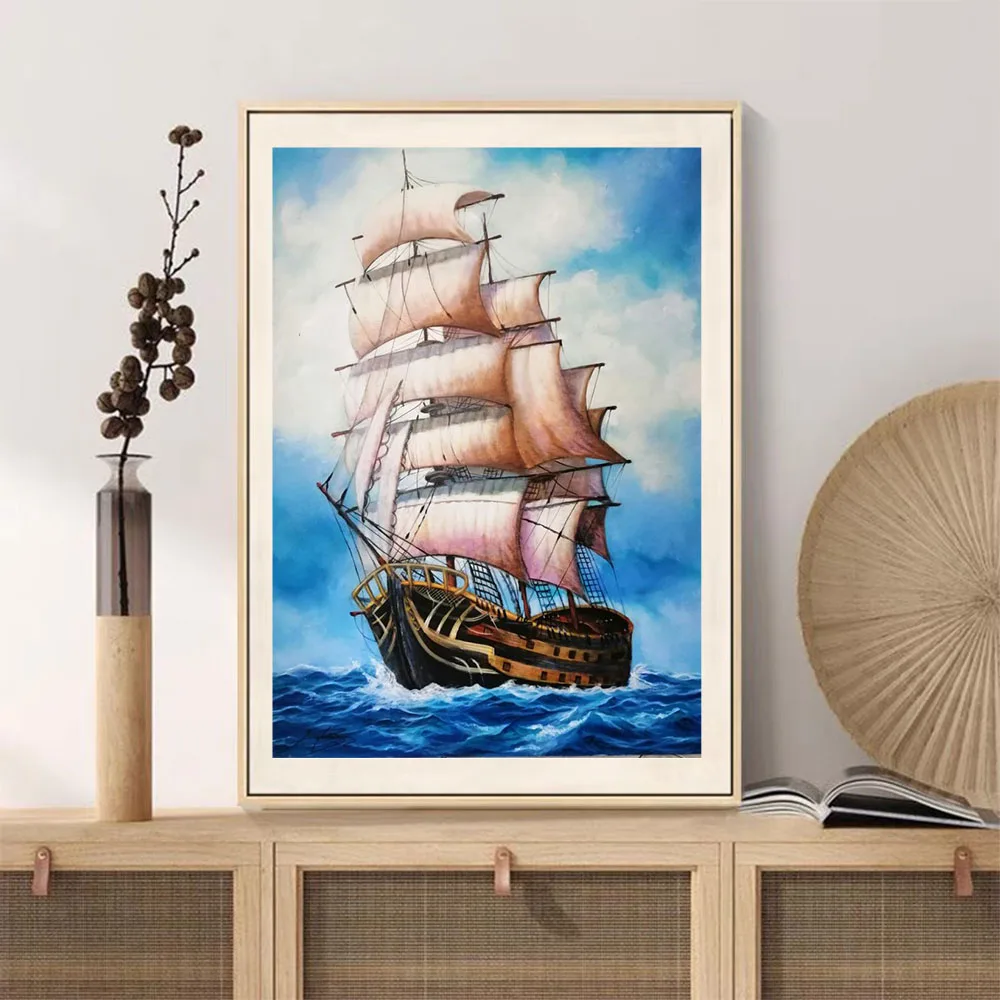 5D DIY Diamond Painting Ship Sailboat Corss Stitch Kit Full Drill Round Embroidery Mosaic Art Picture of Rhinestones Decor Gift