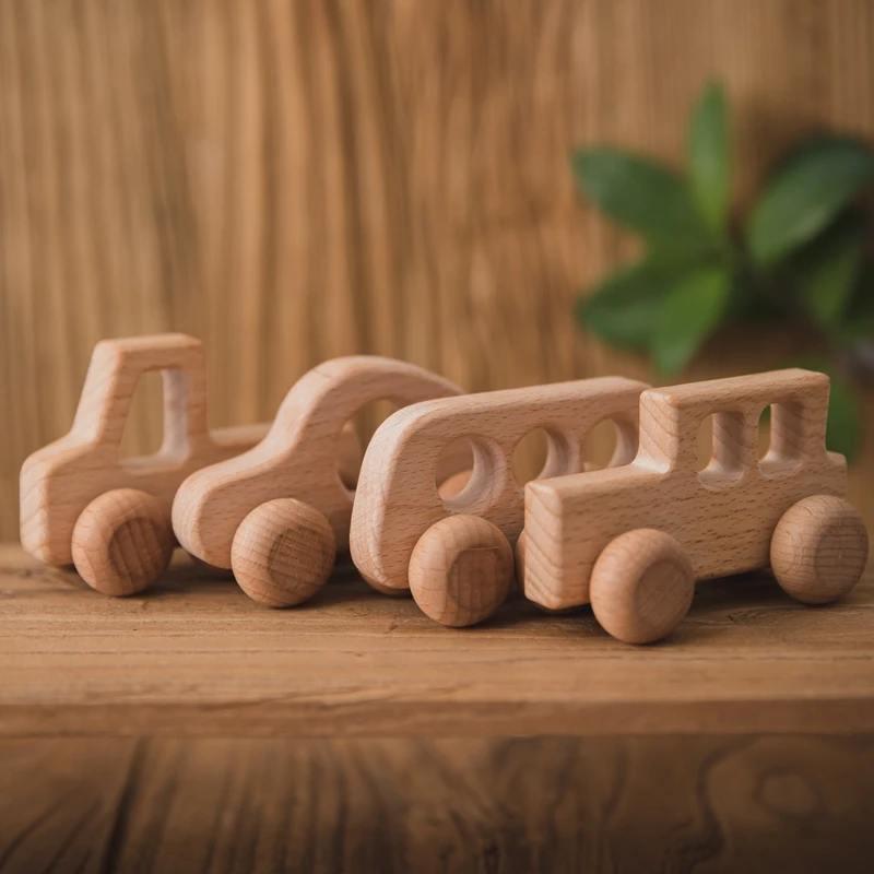 4pc Wooden Baby Car Toys Beech Wooden Blocks Animal Dogs Cartoon Educational Montessori Toys For Children Teething Baby Teether