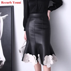 Women Genuine Leather Skirt Femme Stylish High Waist 3D Flowers Black White Color Contrast Fishtail Jupe Mujer Pleated Saias