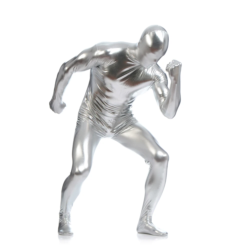 Mono zentai de LICRA metálico brillante para hombre, Catsuits, cremallera, pies metálicos, blanco brillante, personalizado, envío gratis