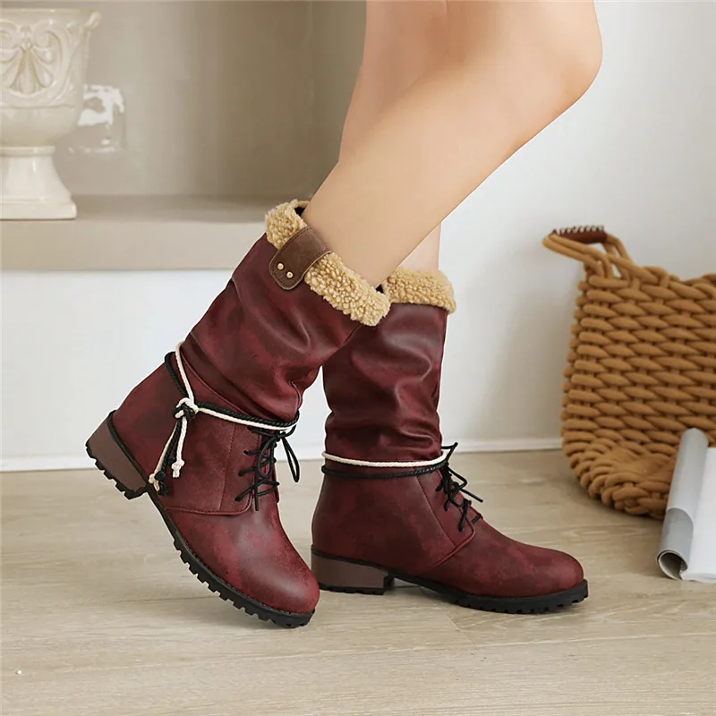 YQBTDL Retro 2023 Autumn Winter Mid Long ladies Boots Chunky Heels Cross Tied leisure Shoes women Black Brown Yellow plus size