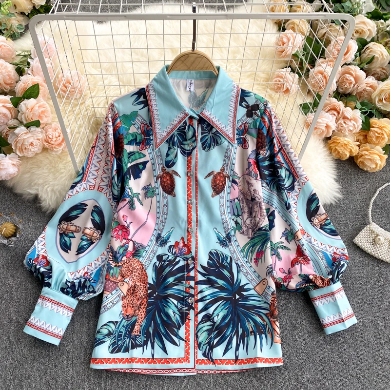 2021 Spring Two Piece Set Women\'s Suit Turn-down Colla Long Sleeve Blouse Tops And High Waist Shirts Vintage Printed Sets