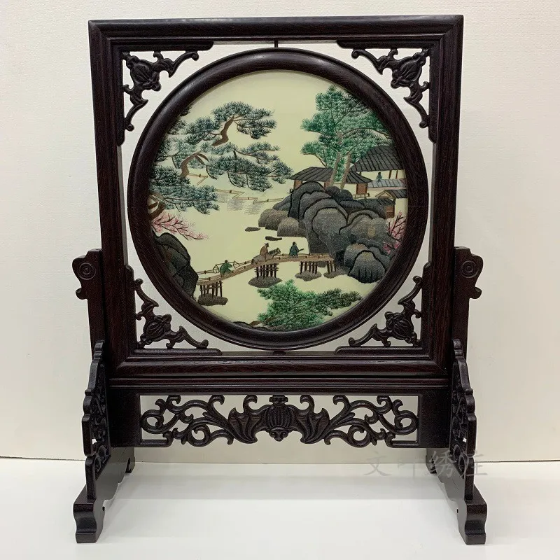 

Vintage Chinese Style Decorations for Home Room Ornaments Table Decor Silk Embroidery Paintings Wenge Frame Gift with box