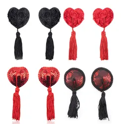 1 Pair Women Sexy Sequin Nipple Covers With Tassels Heart Shape Nipple Stickers Sex Product Chest Stickers