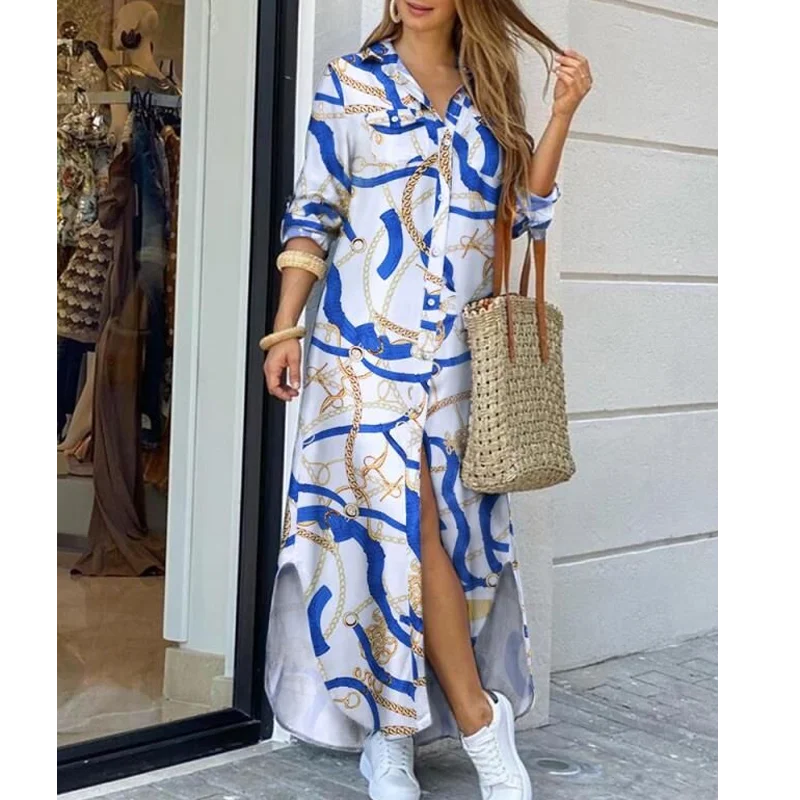 2020 Autumn New Fashion Irregular Printing Three-Quarter Sleeve Shirt Skirt Plus Long Dress AT0056